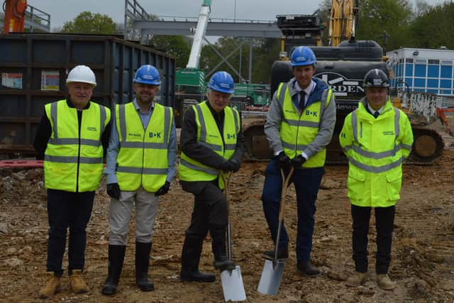 Mr Paul Biswell, School Facilities Manager; Mr Jason Lee, School Chair of Governors; Cllr Terry Douris; Mr Sam Orsborne, Headteacher; Mr Kevin Cowie, Project Manager B&K