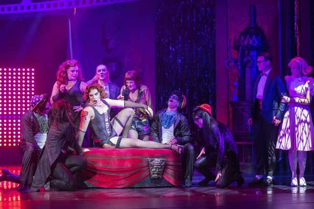 Stephen Webb as Frank N Furter and the cast of The Rocky Horror Show