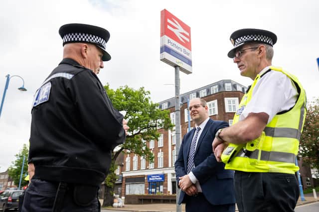 PCC Jonathan Ash-Edwards travelled to Potters Bar alongside Chief Constable Charlie Hall and met Neighbourhood Sgt Noel Buckley. Image: Gene Weatherley