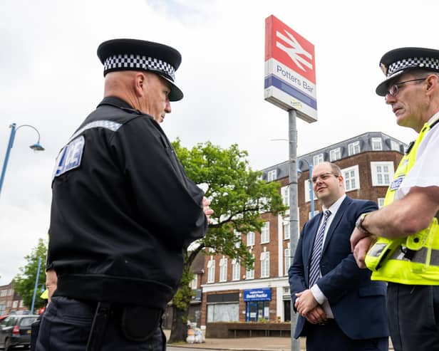 PCC Jonathan Ash-Edwards travelled to Potters Bar alongside Chief Constable Charlie Hall and met Neighbourhood Sgt Noel Buckley. Image: Gene Weatherley