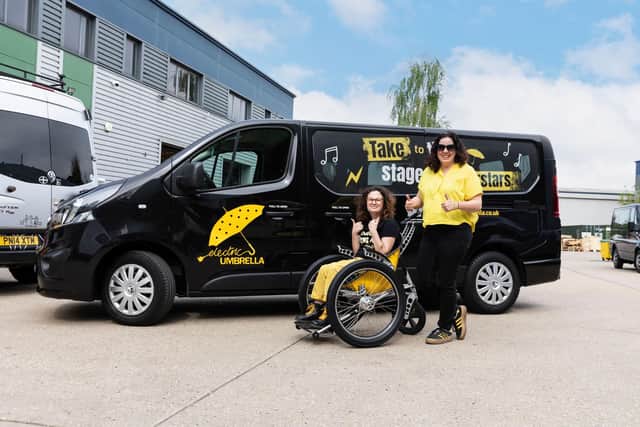 Georgia & Mel from Electric Umbrella in her new yellow Trekinetic wheelchair for the BGT Semi-Final.