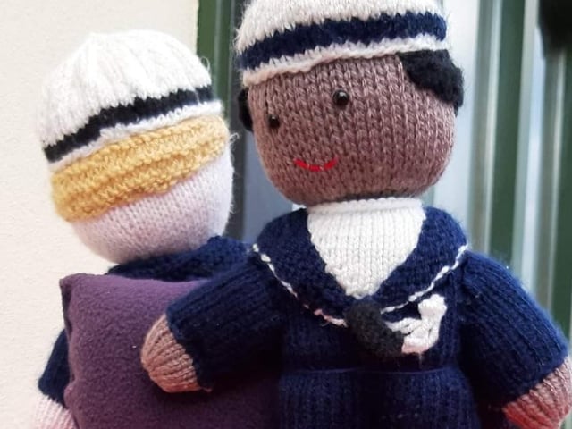 This little knitted character is a sailor in the Royal Navy