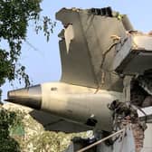 The back of Air India flight 171 is pictured at the site after it crashed in a residential area near the airport in Ahmedabad. Picture: Sam Panthaky/AFP via Getty Images