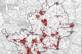 A map showing where house fires occurred in Hertfordshire between April 2020 and March 2025