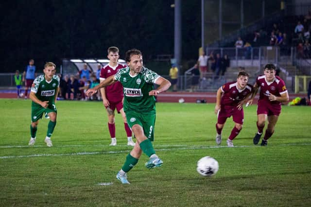 Joe Iaciofano scores from the spot in Monday's win. Photo: Hemel Hempstead Town FC.