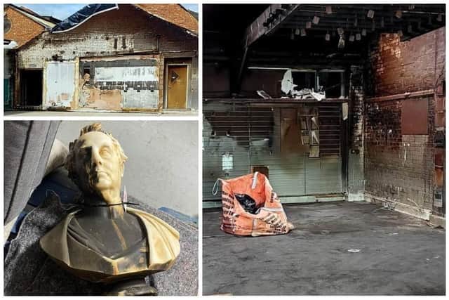 Clockwise from top left: The end wall of the mill now, exposed due to Visitor Centre demolition, the burnt shop, and the partially restored John Dickinson bust