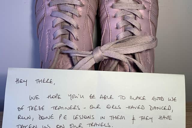 A note that someone wrote in the pair of trainers that were donated. One Impossible Thing asks people write a note to put in their preloved shoes so it can be passed on to the recipient to inspire them.