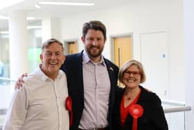 Newly-elected Cllr Lin Greenfield with Cllr Pete Hannell, fellow Labour representative for Bennetts End ward, and David Taylor, Labour MP for Hemel Hempstead, after the result was declared. Credit: Christopher Day/LDRS. Permission for use for LDRS pa