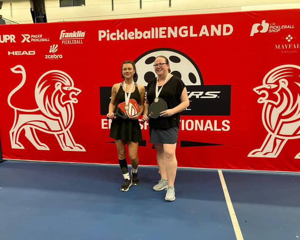 Jen Hewitt and Lee Harley, gold medallists at the Nationals in the 4.0 ladies doubles.