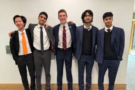 Pictured from the left are Haberdashers' Boys' School students and M3 Challenge finalists Dawei Tao, Aryan Prabhudesai, Oliver West, Rajarshi Mandal, and Devarshi Mandal.