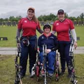 Jess Stretton pictured alongside winning team-mates Izzy Carpenter and Ella Gibson at the European Championships in Munich