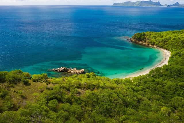 An aerial view of Anse La Roche beach, Carriacou