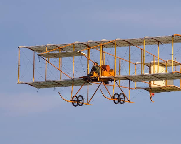 The Shuttleworth Collection's Bristol Boxkite, the very one from Magnificent Men, in flight.