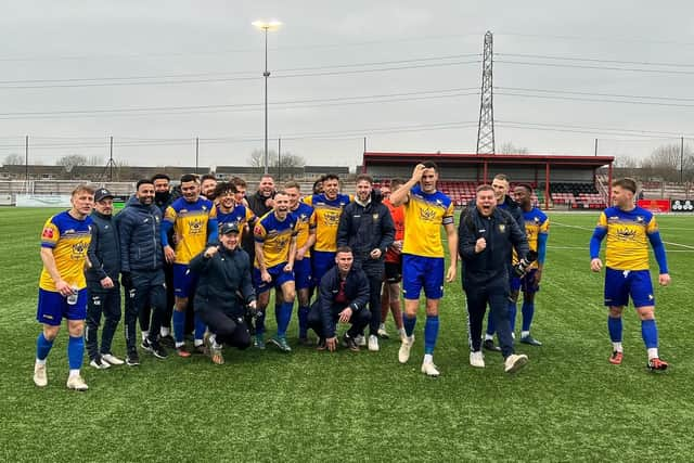 Berkhamsted celebrate another last-gasp win at Cirencester. Photo by Robson O'Reardon.