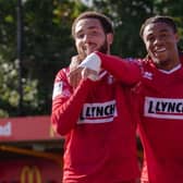Scorer Millar Matthews-Lewis and Isiah Noel-Williams celebrate a goal on Saturday. Photo: Jemma Sear.