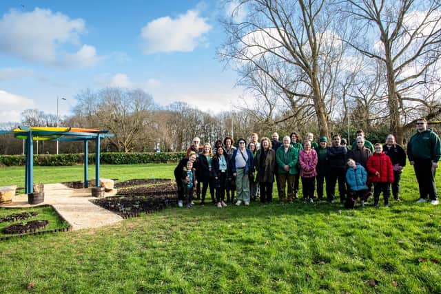 Cllr Simy Dhyani, representatives from Dacorum Borough Council and Sunnyside Rural Trust and residents visit the completed garden. Image: Warren Cooper Photography.