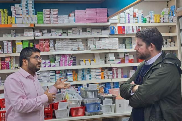 Rahul Morjaria (left) discussing major challenges faced by community pharmacies with Hemel Hempstead MP David Taylor (right)