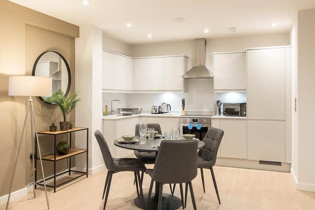 The kitchen and dining space