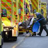 A paramedic is seen by a line of ambulances. Photo by JUSTIN TALLIS/AFP via Getty Images