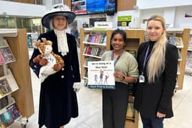 Liz and 'Herty' visit Hemel Hempstead library