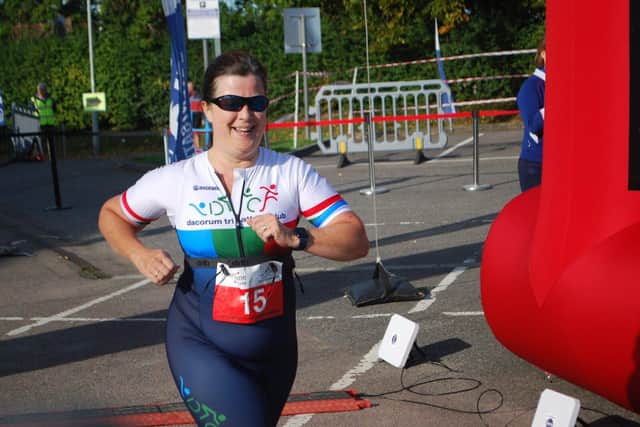 Jackie Colfer, Dacorum Tri Club, finishing the 2022 Hemel Sprint Tri