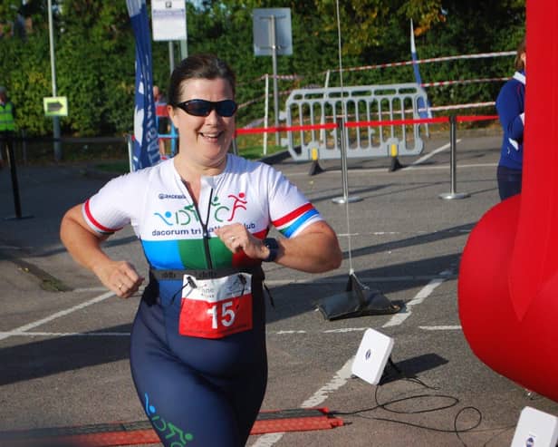 Jackie Colfer, Dacorum Tri Club, finishing the 2022 Hemel Sprint Tri