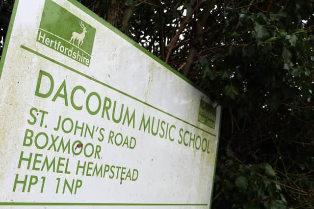 A Dacorum Music School sign outside Heath Barn in Boxmoor, Hemel Hempstead. Credit: Will Durrant/LDRS