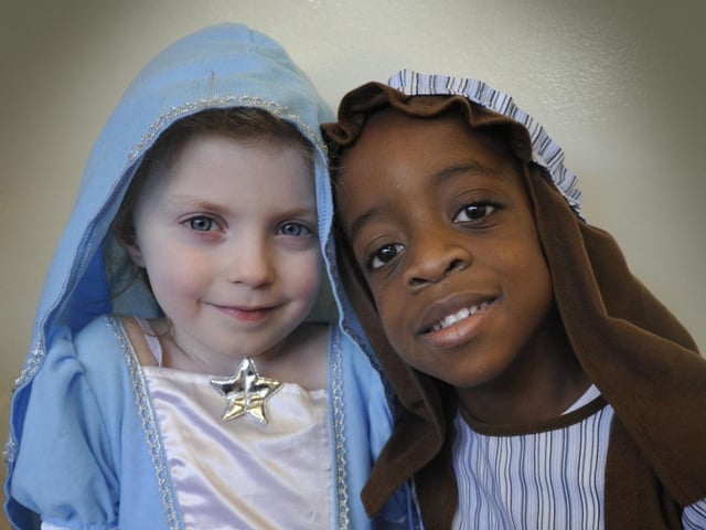 Beth Irbine and Kene Agu, both aged four, at St.Albert the Great School