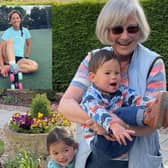 Liz and her grandchildren, inset: Kes Pearson