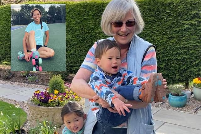Liz and her grandchildren, inset: Kes Pearson