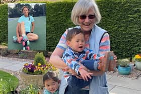 Liz and her grandchildren, inset: Kes Pearson