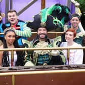 The cast of the Milton Keynes Theatre's 2024 pantomime Peter Pan enjoy a ride on a pirate ship at Gulliver's Land