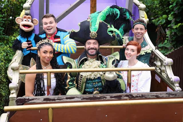 The cast of the Milton Keynes Theatre's 2024 pantomime Peter Pan enjoy a ride on a pirate ship at Gulliver's Land