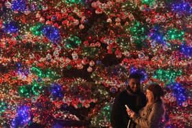 A young couple stand by giant Christmas tree at the annual Christmas market near Potsdamer Platz. (Photo by Sean Gallup/Getty Images)