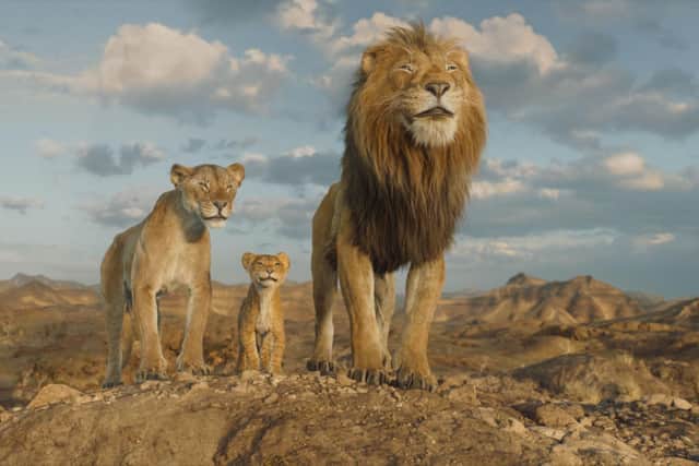 Afia (voiced Anika Noni Rose), Young Mufasa (voiced by Braelyn Rankins) and Masego (voiced by Keith David) in Disneyās Mufasa: The Lion King. Photo courtesy of Disney.