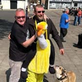 Steve and his ostrich and Clint Whittaker, owner of Monks Inn, Hemel Hempstead.