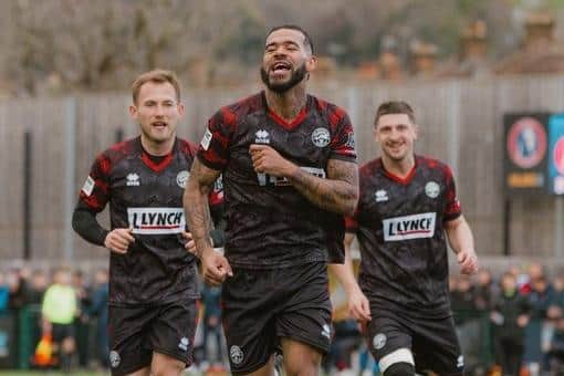 Remaye Campbell celebrates his goal at Dorking. Photo: Nicola Sear.