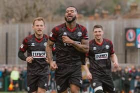 Remaye Campbell celebrates his goal at Dorking. Photo: Nicola Sear.