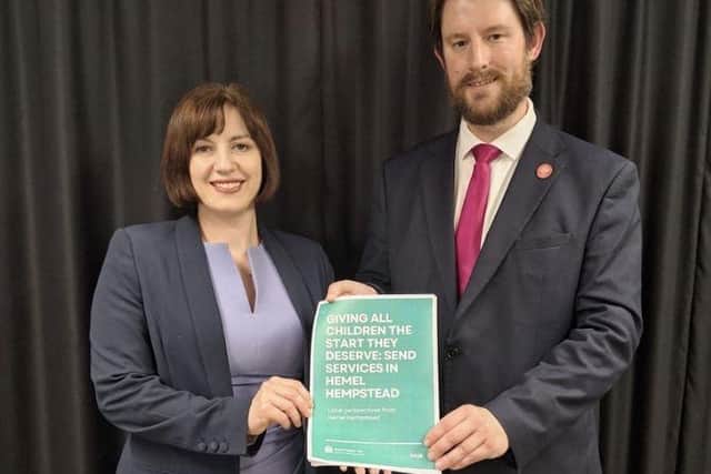 David Taylor MP handing the Hemel SEND Report to Bridget Phillipson, Secretary of State for Education.
