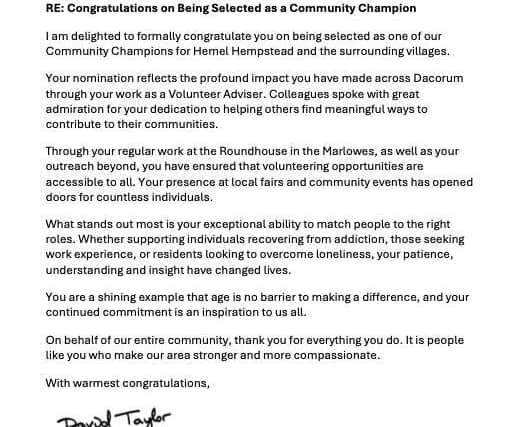 David Taylor MP's letter to Derek outlining why he was chosen for the Community Champion Award.