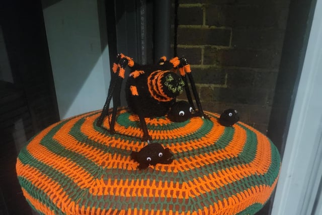 Perched on a post box, this giant striped spider sits with his friends
