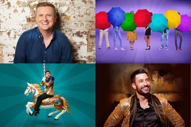 Clockwise from top left, Aled Jones, FRIENDS! The Musical Parody, Giovanni Pernice and Nick Mohammed