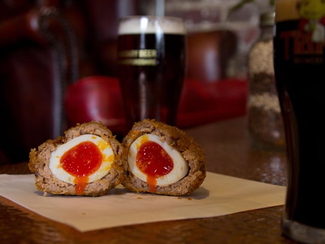 ‘Proper’ pub snacks are offered in the form of gourmet scotch eggs, sourced from local makers A Good Egg company.
