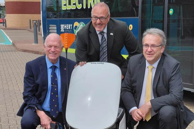 Starship robot showcased to members of Hertfordshire County Council. Pictured (l-r) are Cllr Stephen Giles-Medhurst, Cllr Adrian England and Cllr Paul Zukowskyj
