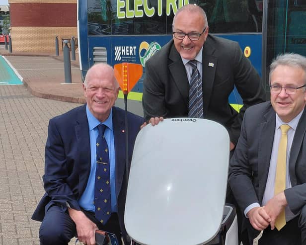 Starship robot showcased to members of Hertfordshire County Council. Pictured (l-r) are Cllr Stephen Giles-Medhurst, Cllr Adrian England and Cllr Paul Zukowskyj