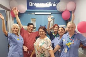 Pictured left-right:  Outpatients Nurse Linda Christian, Consultant Breast Surgeon Mr Chong, Advanced Nurse Practitioner Candice Walls, Breast Care Nurse Sian Cox, Outpatients Nurse Rebecca Horrod and Outpatients Nurse Sarah Melling.