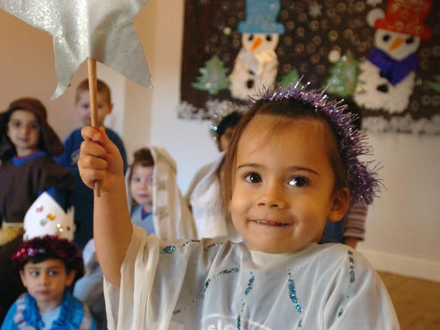 Two-year-old Tia Record as a star. Nativity at Apsley Lock Pre-School, Hemel Hempstead.