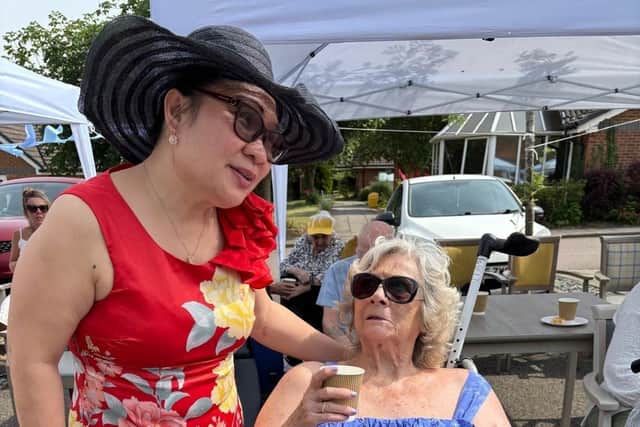 Myla Arceno, the former Mayor of Stevenage (2023/2024) with resident at HC-One Woodland View’s Care Home Open Week celebrations