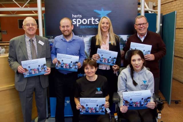 Pictured, from left, the Herts Sports Partnership (HSP) chairman Grahame Bowles, Chris Whittaker of the English Federation of Disability Sport, Ros Cramp of Herts Disability Sports Hub, Jane Shewring of HSP, Zoe Day of Herts Disability Sports Hub and Mervyn Morgan, the HSP vice-chairman.