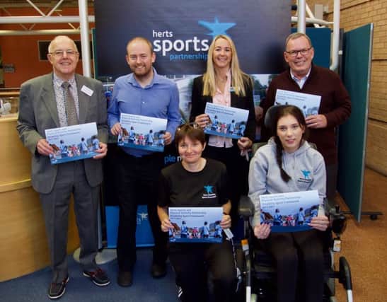 Pictured, from left, the Herts Sports Partnership (HSP) chairman Grahame Bowles, Chris Whittaker of the English Federation of Disability Sport, Ros Cramp of Herts Disability Sports Hub, Jane Shewring of HSP, Zoe Day of Herts Disability Sports Hub and Mervyn Morgan, the HSP vice-chairman.